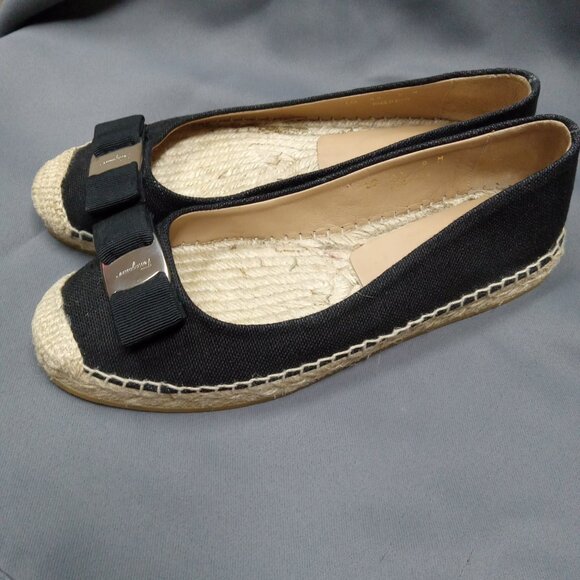 Salvatore Ferragamo Black Canvas Espadrille Ballet Flats LOGO Bow US 9M Spain - Picture 1 of 12